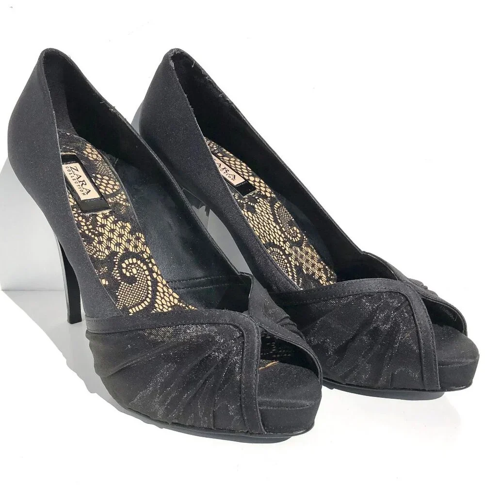 Zara Collection peep toe heels 37 black satin patent platform pump evening party
